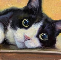 a painting of a black and white cat laying on top of a wooden table next to a yellow wall