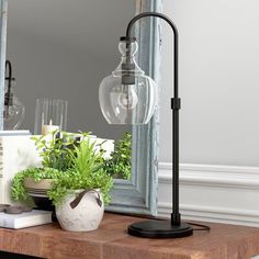 a table with a potted plant on it and a mirror in the background