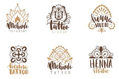 set of logos for tattoo studio with flowers and leaves in gold color on white background