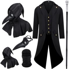 PRICES MAY VARY. Halloween Plague Doctor Costume: this comprehensive set includes 1 black tailcoat jacket, 1 hooded cape, 1 leather long nose beak mask, 1 balaclava, 1 silver walking stick, providing a complete outfit to suit various styles of Halloween occasions Ideal Size: there are 3 sizes to choose from, Medium, Large, X-Large, please check the size chart before purchase to check if the size is suitable, suitable for adult men, cane length about 43.31 inches/ 110 cm, can be disassembled into Steampunk Tailcoat, Beak Mask, Men Steampunk, Plague Doctor Costume, Vintage Tuxedo, Doctor Costume, Long Nose, Hooded Cape, Walking Cane