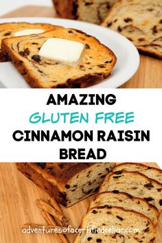 an image of cinnamon raisin bread with text overlay reading amazing gluten free cinnamon raisin bread