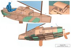 a paper model of a boat with a man sitting on the front, and an image of a sailboat in the back