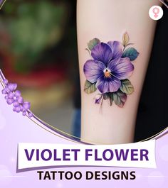 violet flower tattoo designs on the side of a woman's leg with purple flowers