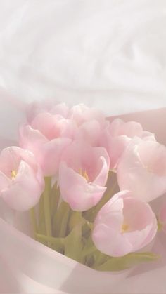 pink tulips are in a white vase