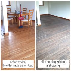 before and after shots of a hardwood floor cleaning service in an empty room with chairs