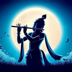 a woman holding a flute in front of a full moon