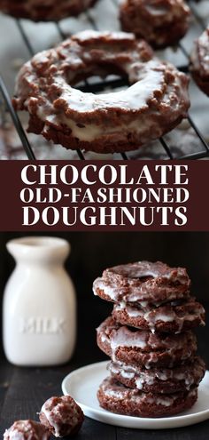 chocolate old - fashioned doughnuts are stacked on a plate