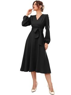 Fabric: 95% Polyester, 5% Spandex; Style: A-line midi-maxi Belted Dress
Pattern: Solid/Plain | Closure: Zip | Type: A-line | Neckline: V Neck | Sleeve type: Bishop Sleeve | Sleeve length: Long Sleeve | Waist line: High Waist | Hem Shaped: Flared Long Frocks For Women, Dress With Bishop Sleeves, Stylish Midi Dress, Long Dresses For Women, Ethereal Elegance, Maternity Long Dress, Floral Frocks, Night Beautiful, Belted Wrap Dress