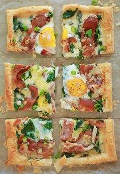 four square pieces of pizza with eggs on them