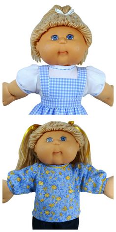 two dolls with blonde hair and blue eyes, one wearing a dress and the other in a hat