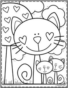 a black and white drawing of a cat with hearts