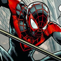 a spider - man with his arms outstretched, holding two swords in one hand and looking at the viewer