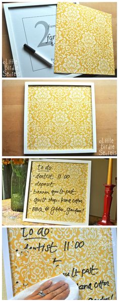 the instructions for how to make a diy wall hanging frame with fabric and paper