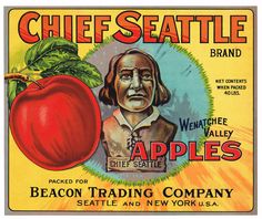 an old style label for cheese seattle apples with a man's face on it