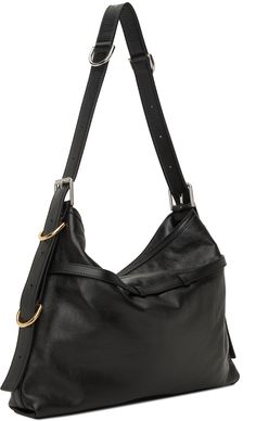 Grained calfskin shoulder bag in black. · Detachable pin-buckle shoulder strap · Silver-tone logo stamp at face · Adjustable pin-buckle straps at face · Open throat · Zip pocket at interior · Canvas lining · Logo-engraved gold- and silver-tone hardware · H12.5 x W15.5 x D2 Supplier color: Black Black Hobo Bag With Palladium Hardware For Business, Classic Black Hobo Bag With Palladium Hardware, Classic Hobo Bag With Palladium Hardware For Travel, Givenchy Crossbody Bag, Givenchy Logo, Mini Shoulder Bag, Logo Stamp, Medium Bags, Black Media