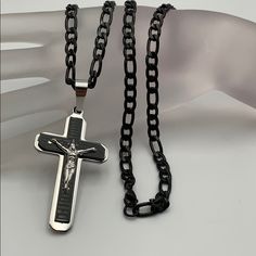 Cross And Prayer Our Father, Chain And Cross Stainless Steel, Chain Measures 26 Inches, Weight 50 Grams Gift Black Cross Chain Necklace, Black Cross Chain Necklace Gift, Black Cross Chain Necklace As Gift, Ruby Necklace Pendant, Black Leather Necklace, Bullet Necklace, Unisex Earrings, Hand Necklace, Our Father