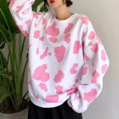 Harajuku Cow Printed Fleece Sweatshirt sold by Tony Moly Store on Storenvy Pink Cow Print Sweater, Casual Pink Fleece Sweater, Fleece Graphic Print Long Sleeve Sweater, Fleece Sweater With Graphic Print Long Sleeve, Cute Long Sleeve Fleece Tops, Oversized Pink Fleece Sweater, Long Sleeve Fleece Sweater With Graphic Print, Pink Oversized Fleece Top, Pink Fleece Tops With Graphic Print