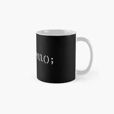 a black and white coffee mug with the word hello on it's bottom corner