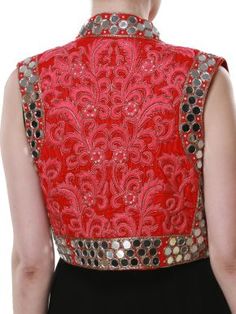 Coral mirror work Jacket Designer Nehru Jacket With Gota Work In Raw Silk, Designer Nehru Jacket With Gota Work For Navratri, Bollywood Style Mirror Work Nehru Jacket For Parties, Fitted Nehru Jacket With Gota Work For Navratri, Ajrakh Mirror Work Kurti, Western Party Wear, Crochet Shrug Pattern Free, Desi Dress, Punjabi Outfits