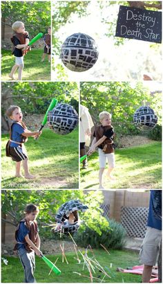 a collage of photos showing children playing in the yard with balloons and baseball bats