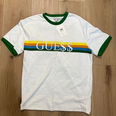 Guess Jeans Usa New With Tags. Green Yellow Orange Blue. Embroidered Writing. Authentic. Guess Tshirt, Malibu Blue, Guess Shirt, Guess Logo, Asap Rocky, Medium Fashion, Guess Jeans, Tshirt Colors, Green Yellow