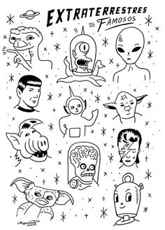 an image of some cartoon characters on a white background with black and white text that reads extra terrestriales