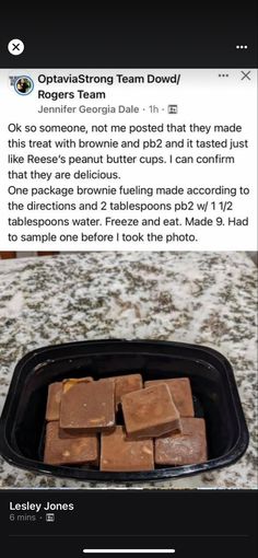 some brownies are in a black pan on the counter and there is an instagram post about them