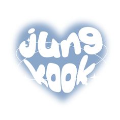 the word june kook is written in white on a blue heart - shaped background