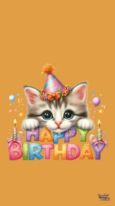 a happy birthday card with a kitten wearing a party hat and holding the words happy birthday