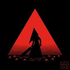 a woman in a long dress walking across a red and black triangle with skulls on it