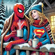 a woman sitting on top of a wooden bench next to a spider man holding a cup