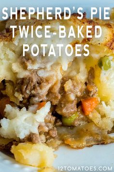 shepherd's pie twice - baked potatoes on a white plate with text overlay