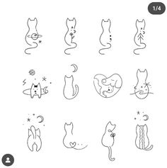 a set of nine hand drawn cats with different shapes and sizes, all on white background