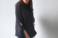 "Black mohair silk sweater, black mohair silk pullover, soft warm mohair silk cardigan, black hand knitted mohair poncho, soft mohair sweater So comfy, fuss free and great for layering. Balance the dramatic draping with leggings or your favourite skinny jeans. Go for a casual, lived in feel or dress it up for a dramatic evening look, depending on your mood. Can be worn open or belted. Will work well for maternity wear as well. Light weight jersey knit. Content + Care - 75% mohair, 25 % silk - Ha Cozy Black Mohair Sweater, Silk Sweater, Silk Cardigan, Mohair Sweater, Cardigan Black, Black Hand, Maternity Wear, Sweater Black, Cardigans For Women