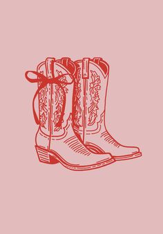 a pair of cowboy boots with bows on the heel, drawn by hand in red ink