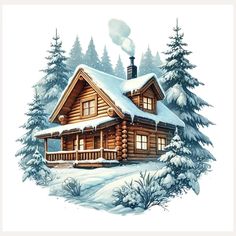 a drawing of a log cabin in the snow