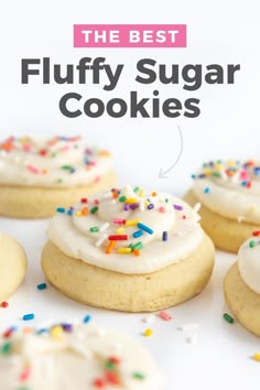 the best fluffy sugar cookies with white frosting and sprinkles on top