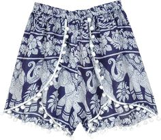 Blue elephant printed lounge shorts with small white pompoms for summers, these lightweight and airy shorts are ideal for a beach vacation.  The elastic waist is easy and comfortable to wear. #tlb #JuniorPetite #vacationclothing #beachwrap #HippieShorts #BeachShorts #ElephantShorts Bridesmaids Outfits, Hippie Shorts, Elephant Shorts, Boho Goth, Blue And White Shorts, Fashion Shorts, Hippie Look, Trendy Skirts, Blue Elephant