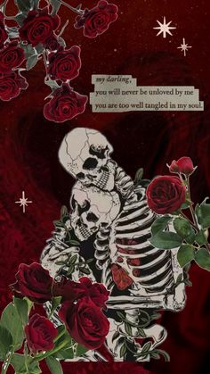 there is a skeleton and roses on the table with red flowers in front of it