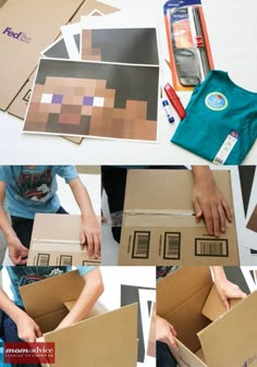 four pictures showing how to make a minecraft house out of cardboard