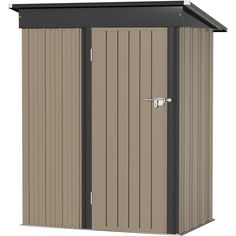 a brown and black storage shed with the door open to show it's side