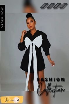 Sweet Bow Lace-up Long Sleeve Shirt Dress White Collared Mini Dress For Party, Chic Long Sleeve Dresses With Bow, White Collared Shirt Dress For Party, Spring Casual Mini Dress With Bow, Casual Collared Dress For Party, Casual White Shirt Dress For Party, Casual Collared Party Dress, White Collared Party Dress, Chic Mini Dress With Bow For Fall