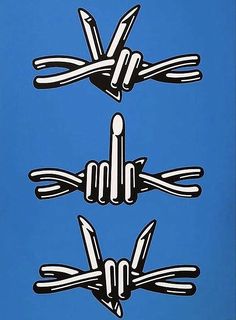 three pieces of art that are in the shape of forks and spoons on a blue background