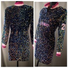 Sparkly Sequin Mini Dress, Long Sleeve Snap Front, Stripe Trim Womens Medium Casual Fitted Mini Dress With Sequins, Multicolor Long Sleeve Mini Dress For Party Season, Long Sleeve Multicolor Mini Dress For Party Season, Multicolor Long Sleeve Dress For Night Out, Sequin Mini Dress Long Sleeve, Multicolor Sequins, Mini Dress Long Sleeve, Sequin Mini, Dress Long Sleeve