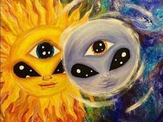 an acrylic painting of two sun and moon faces