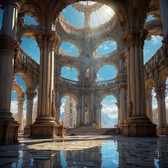 the interior of an old building with columns and arches, reflecting water on the floor