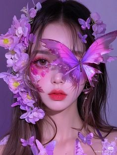 a woman with purple butterflies on her face and pink flowers in her hair, posing for the camera