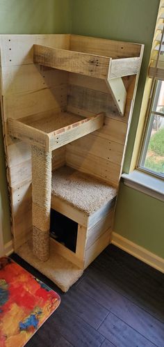 a cat house built into the side of a wall next to a rug and window