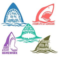 four shark stickers with words that say, shark ate my homework and stay home work