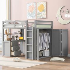 a child's bedroom with a bunk bed, dresser and storage unit in grey